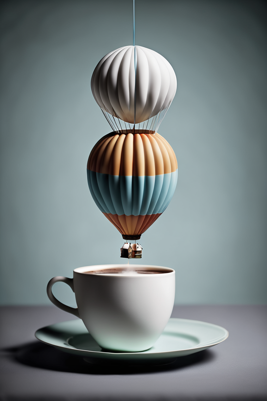 <lora:Surreal Plate:1>Surreal Plate - a plate with a miniature hot air balloon gracefully floating above a cup of steaming coffee