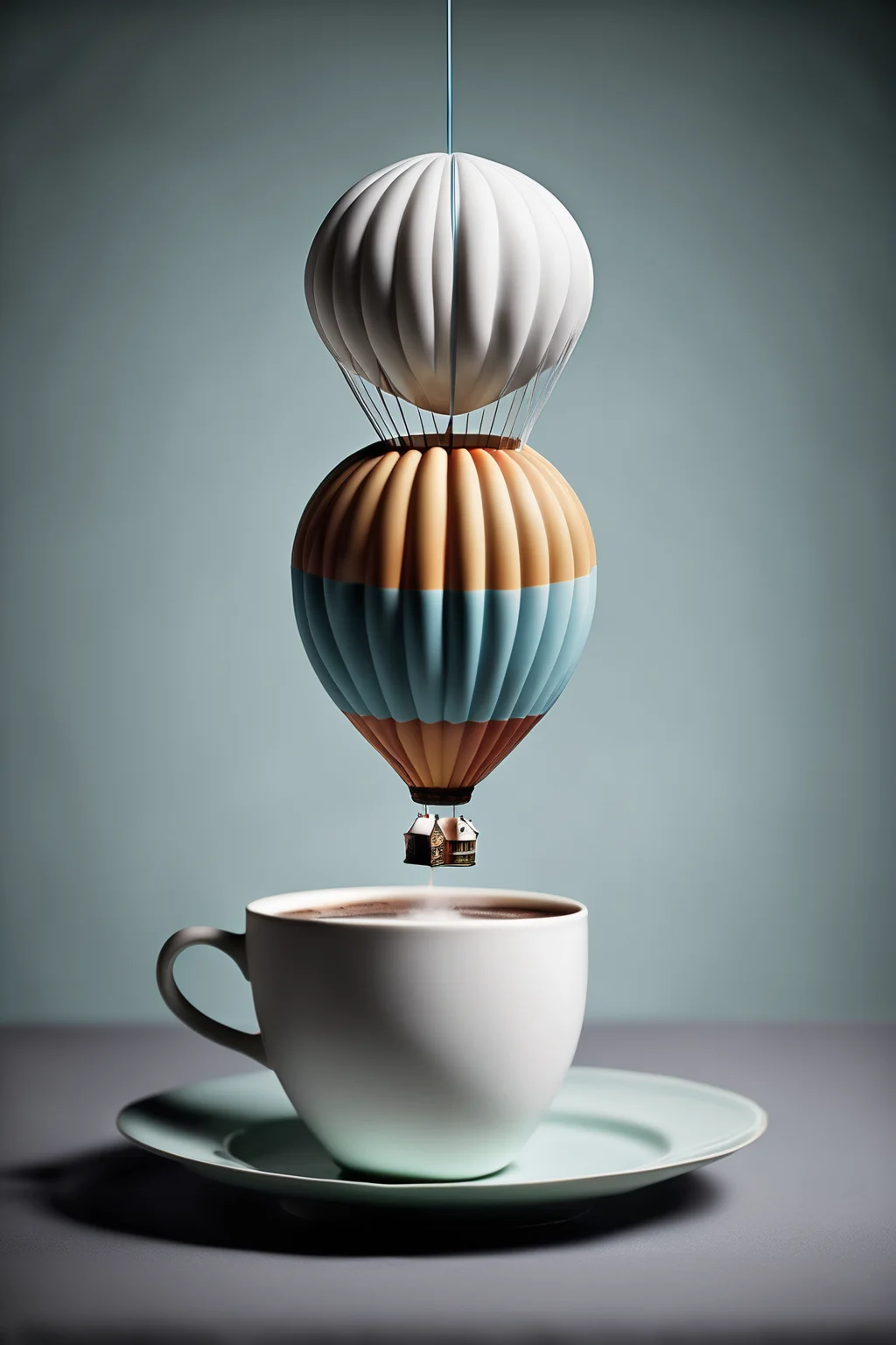 <lora:Surreal Plate:1>Surreal Plate - a plate with a miniature hot air balloon gracefully floating above a cup of steaming coffee