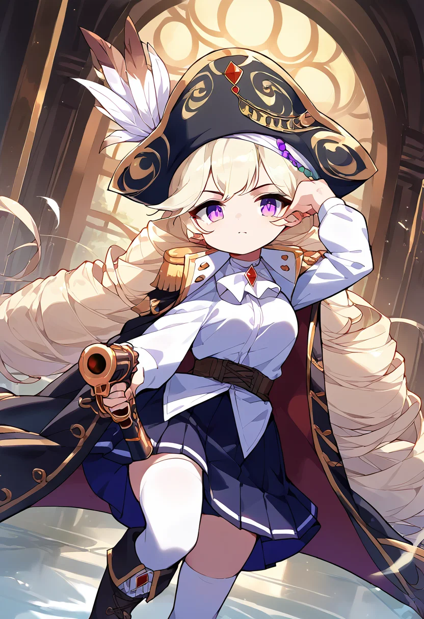 score_9,score_8_up,score_7_up,source_anime,zPDXL3,
*//*,<lora:Captain_Pony:1>,captain_new,1girl,solo,long hair,twintails,twin drills,blonde hair,bangs,purple eyes,white shirt,pirate hat,hat feather,black skirt,boots,white thighhighs,coat,epaulettes,long sleeves,antique firearm,gun,holding gun,
*//*,looking at viewer,cowboy shot,dutch angle,dynamic pose,