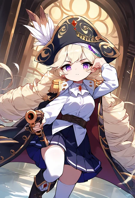 score_9,score_8_up,score_7_up,source_anime,zPDXL3,
*//*,<lora:Captain_Pony:1>,captain_new,1girl,solo,long hair,twintails,twin drills,blonde hair,bangs,purple eyes,white shirt,pirate hat,hat feather,black skirt,boots,white thighhighs,coat,epaulettes,long sleeves,antique firearm,gun,holding gun,
*//*,looking at viewer,cowboy shot,dutch angle,dynamic pose,