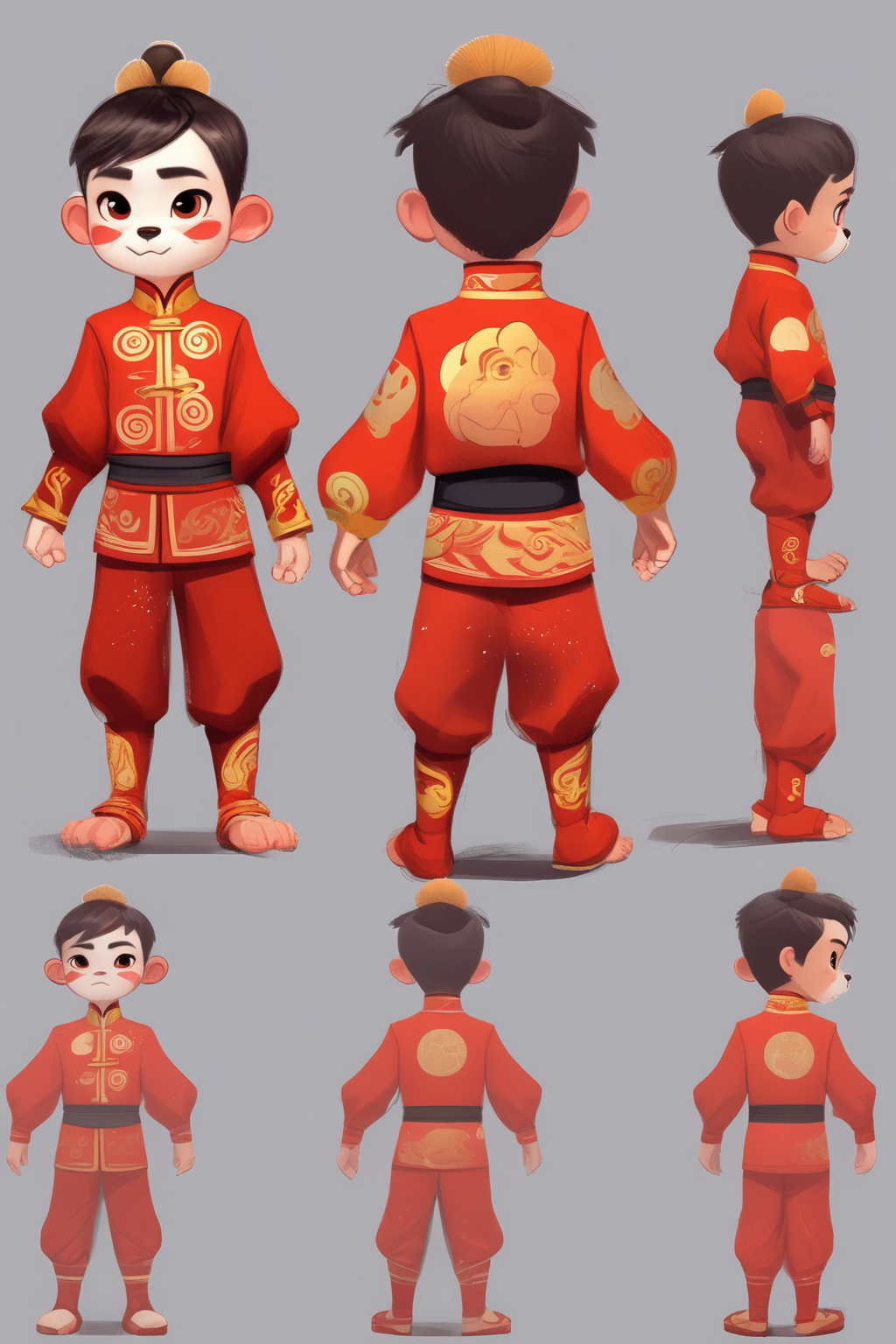 <lora:Character Design:1>Character Design - Front view+ side view,+rear view+A character design for a little boy wearing a Chinese lion dance costume+disney design style+character design+Unification of three view clothing