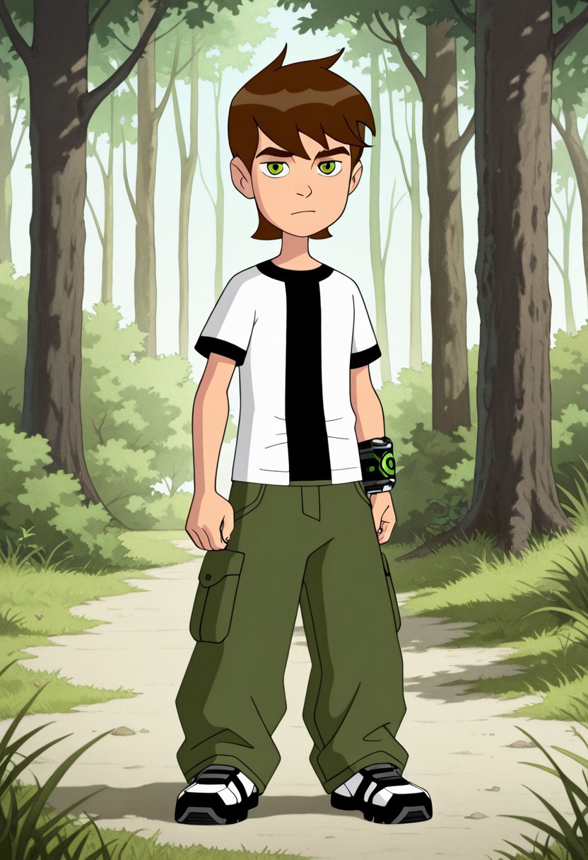 masterpiece, best quality, amazing quality, very aesthetic, high resolution, ultra-detailed, absurdres, newest, grass, trees, 1boy, looking at viewer, ben tennyson, brown hair, green eyes, white shirt, cargo pants green, sneakers, cel shading, black illustration line, soft shading, highly detailed texture, cel shading, black illustration line, soft shading, highly detailed texture, green electricity coming from watch, green energy emanating from watch, green energy on left wrist, ball of green energy on left wrist. no watch on right wrist, high-tech Omnitrix watch glowing on his wrist, standing confidently in a dynamic pose,
