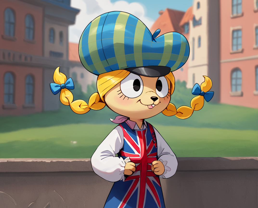 score_9, score_8_up, score_8,   <lora:Eurotrish_for_PonyXl:0.8> 1girl, fhstyle, hat, solo, furry female, hair bow, blonde hair, twin braids, braid, union jack dress, white sleeves, outdoors, france,