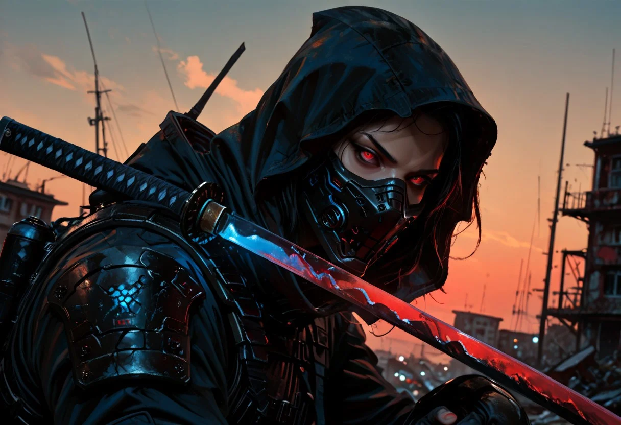 masterwork, masterpiece, best quality, detailed, depth of field, , high detail, best quality, very aesthetic, 8k, photorealistic, realistic skin, deep colour, high contrast, hyperdetailed, matte digital painting, trending on artstation, sharp edges, precise, clear focus, detailed face, closeup, face focus, sideview, wide shot, looking at viewer,
futuristic, gritty.
line art, ink art of a woman, solo, soldier, enigmatic, (glowing red eyes), matte black modular suit of armor, molded armour, whole body protection, heavy boots, holding a katana, blue glowing blade, ready to fight, fighting stance. Deep hood, black face mask, pale skin,
background war-torn urban landscapes, dramatic lighting, dynamic angle, whole body, face focus, high contrast, deep shadows, distant fires, smoky sky, matte painting,
STP-Illu