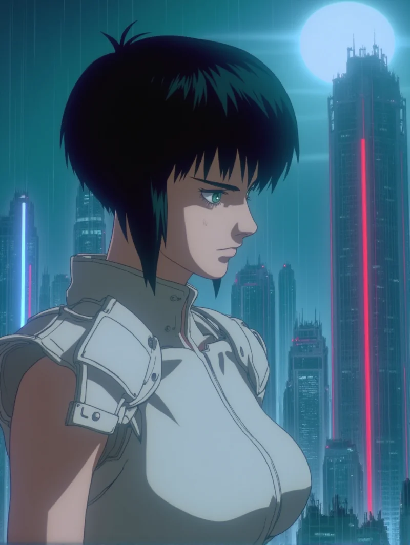 <lora:Ghost_in_Shell_1995_Flux:1> ghostshell, retrostyle, young women in her 20s, black pixie haircut, wearing futuristic white clothing with sharp shoulder pads , looking to the side, green eyes, cyberpunk city in backgrounnd with neon lights, raining, night time, moon in background,