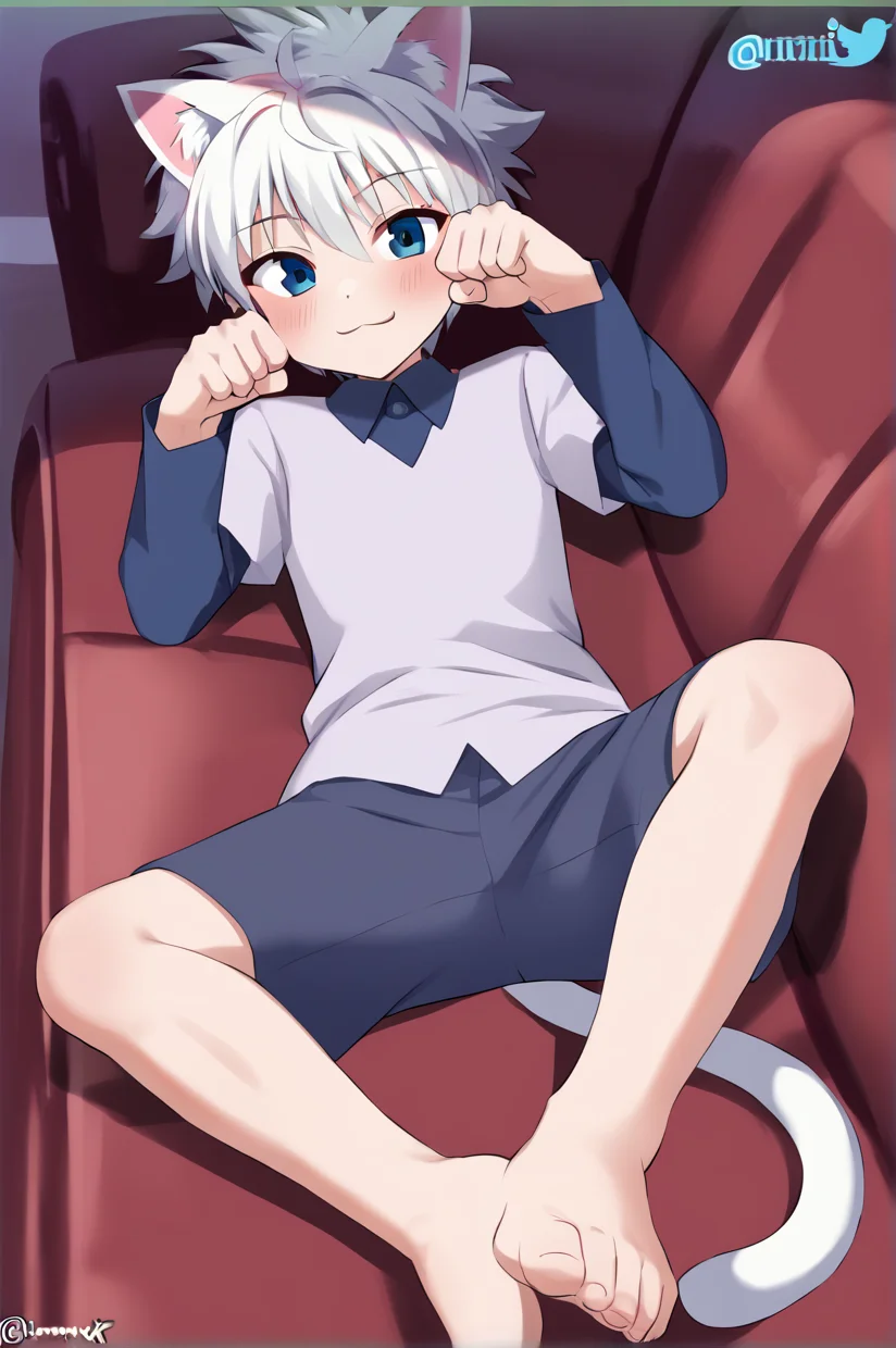 killua_zoldyck, 1boy, solo, looking at viewer, blush, smile, short hair, bangs, blue eyes, shirt, long sleeves, animal ears, hair between eyes, closed mouth, tail, white shirt, white hair, male focus, lying, shorts, barefoot, collared shirt, cat ears, on back, twitter username, vest, cat tail, couch, blue shorts, paw pose, male child, cat boy, rating_safe, score_8_up <lora:xl_char_killua_zoldyck:1.0>