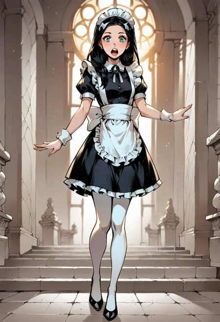 1girl, score_9, score_8_up, score_7_up, western cartoon, bright lighting, very detailed, depth of field, cinematic illumination, volumetric lighting, full color picture, vibrant colors, solo, alone, long hair, black hair, Gothic style, (maid), <lora:xl_cute_maid_dress-1.0:0.8>, short skirt, full body, petite, full body, facing forward, looking at viewer, mansion interior, standing, surprised,