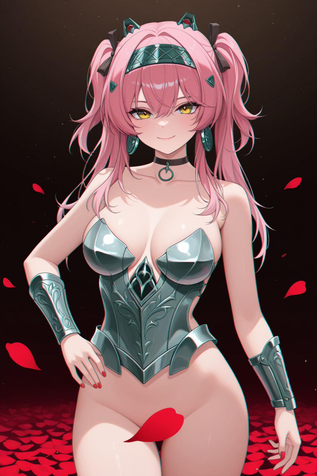 masterpiece, best quality, <lora:Lupa:1>, LupaDS, 1girl, armor, bare shoulders, black choker, bottomless, breastplate, breasts, choker, chromatic aberration, closed mouth, collarbone, convenient censoring, cowboy shot, hairband, large breasts, long hair, looking at viewer, metal hairband, nail polish, pink hair, red nails, red petals, smile, solo, wrist guards, yellow eyes