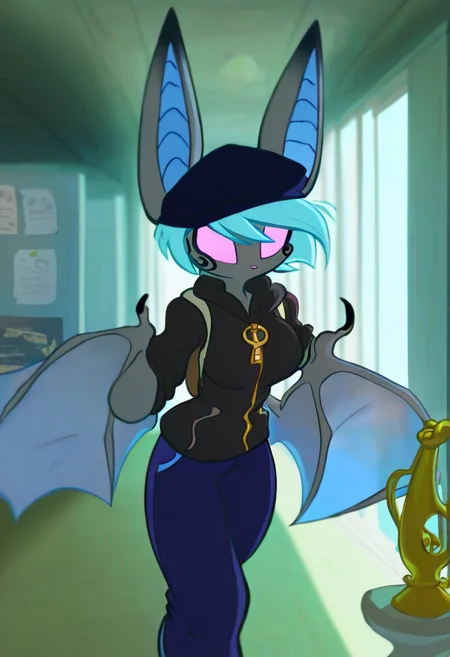 Vanth,1girl, solo, furry, gray fur, pink eyes, blue hair, black marks around eyes and the tips of her ears, single claw on each of her wings, wearing a black hoodie with a large ring on her zipper, blue pants , dark-blue cap, backpack, hallway, school, lockers, skylight, bulletin_board, display_case, trophy, posters_(object)