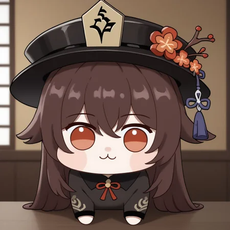 HuTao_DskFll, doro, creature, :3, chibi, 1girl, solo, long hair, looking at viewer, brown hair, solid circle eyes, long sleeves, hat, no pupils, hair between eyes, upper body, flower, black headwear, red flower, hat flower, flower-shaped pupils, plum blossoms, no humans, hu tao (genshin impact), BREAK PonyXLV6_Scores
