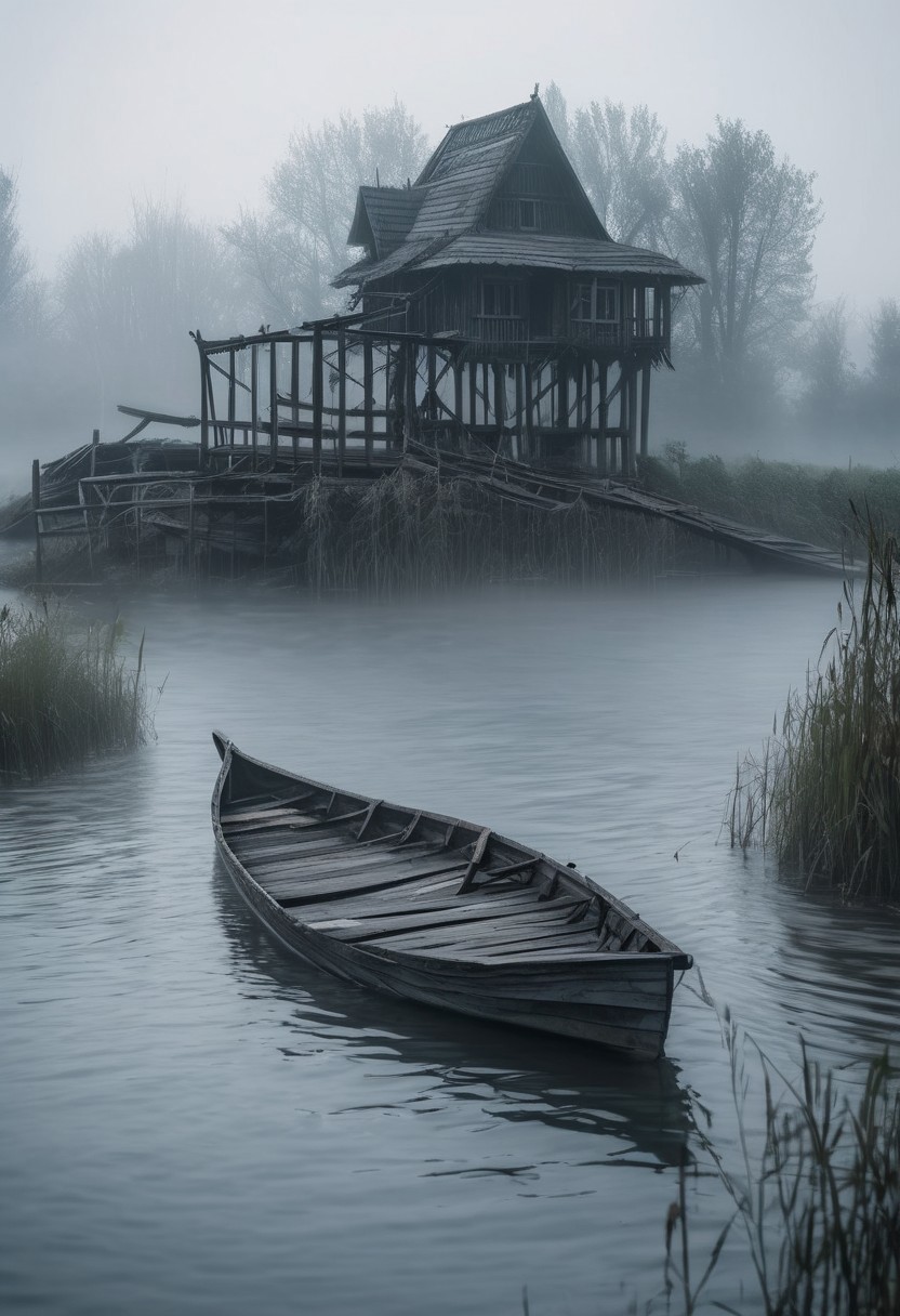 a wooden bridge that leads to a small island in the river. On the island stands a old house in slavic style, a couple of trees next to it, a half-submerged boat near the bridge. Fog rises around, a white haze around, like a veil separating from another world, style by Lovecraft, meticulous, intricate, entangled, intricately detailed
