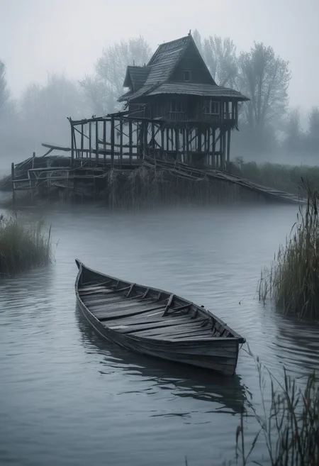 a wooden bridge that leads to a small island in the river. On the island stands a old house in slavic style, a couple of trees next to it, a half-submerged boat near the bridge. Fog rises around, a white haze around, like a veil separating from another world, style by Lovecraft, meticulous, intricate, entangled, intricately detailed