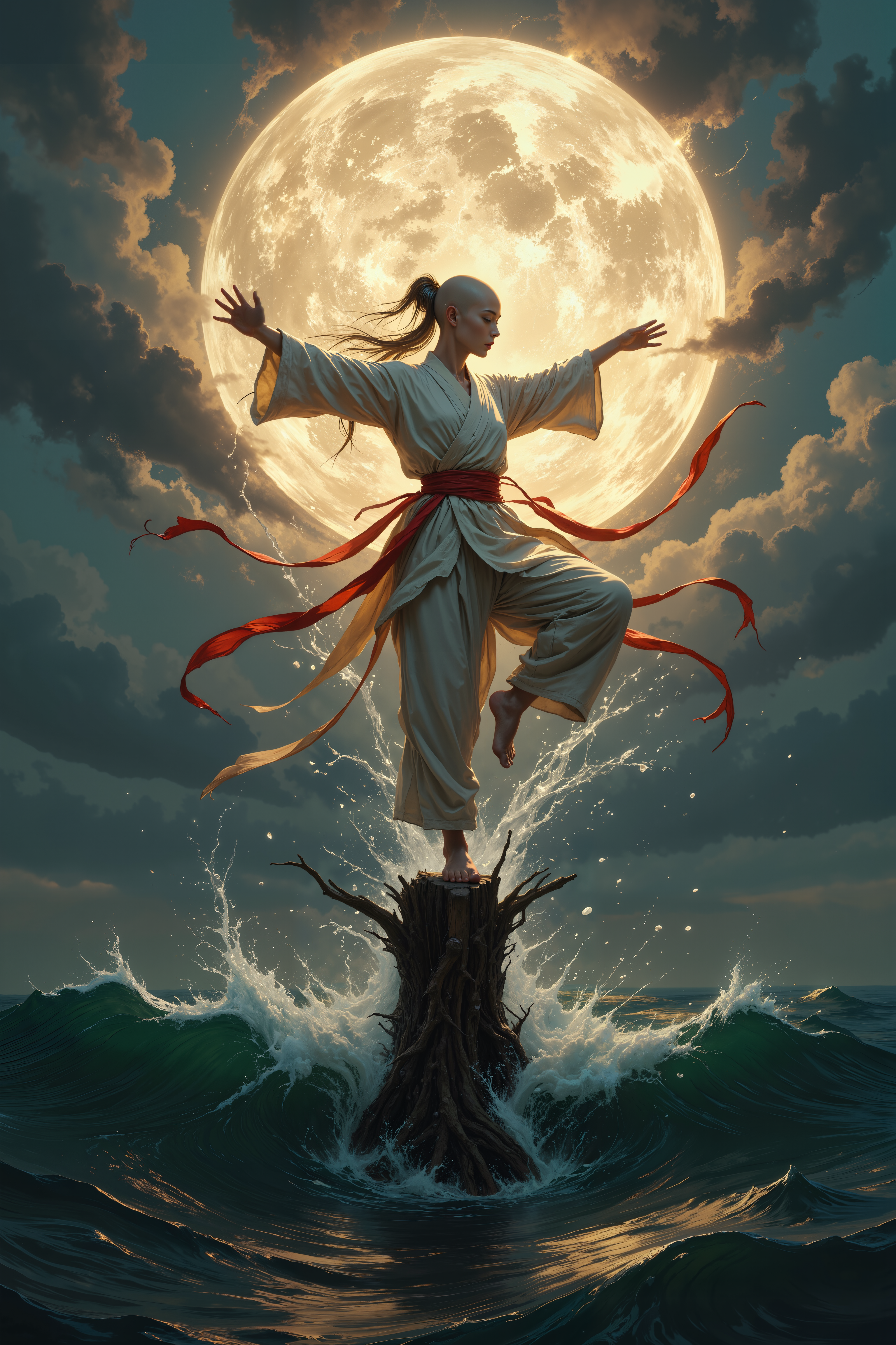 there is a vast ocean of dark water. In the middle of the ocean there is a single wooden pole. On the pole a female bald monk wearing white monk robes with a red belt is doing a kungfu high kick basking in the noon sun.  Fantastic lighting. Detailed shadows.intricate details, vivid colors, hyper-detailed, ultra-sharp<lora:FLUX-daubrez-DB4RZ:0.3><lora:- Flux1 - vanta_black_V2.0:0.3><lora:Midjourney_Lucid_Dreams_FLUX_LoRA-000001:0.2><lora:MysticFantasy:0.3><lora:dark-fantasy:0.2><lora:Magic of Art  3 (FLUX):0.35>