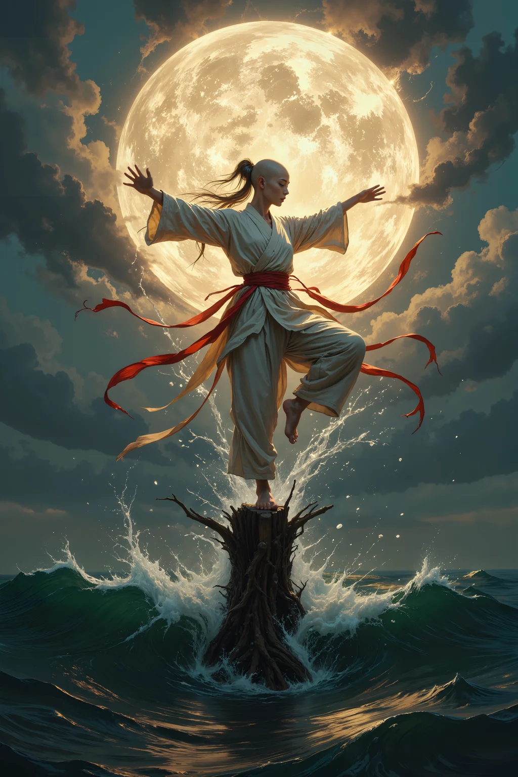 there is a vast ocean of dark water. In the middle of the ocean there is a single wooden pole. On the pole a female bald monk wearing white monk robes with a red belt is doing a kungfu high kick basking in the noon sun. Fantastic lighting. Detailed shadows.intricate details, vivid colors, hyper-detailed, ultra-sharp<lora:FLUX-daubrez-DB4RZ:0.3><lora:- Flux1 - vanta_black_V2.0:0.3><lora:Midjourney_Lucid_Dreams_FLUX_LoRA-000001:0.2><lora:MysticFantasy:0.3><lora:dark-fantasy:0.2><lora:Magic of Art 3 (FLUX):0.35>