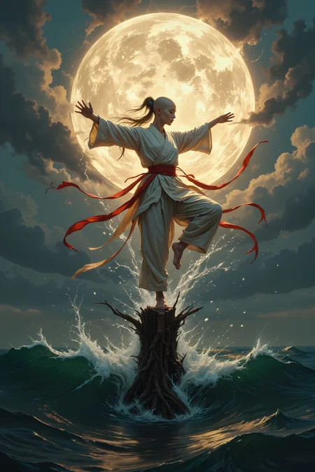there is a vast ocean of dark water. In the middle of the ocean there is a single wooden pole. On the pole a female bald monk wearing white monk robes with a red belt is doing a kungfu high kick basking in the noon sun. Fantastic lighting. Detailed shadows.intricate details, vivid colors, hyper-detailed, ultra-sharp<lora:FLUX-daubrez-DB4RZ:0.3><lora:- Flux1 - vanta_black_V2.0:0.3><lora:Midjourney_Lucid_Dreams_FLUX_LoRA-000001:0.2><lora:MysticFantasy:0.3><lora:dark-fantasy:0.2><lora:Magic of Art 3 (FLUX):0.35>