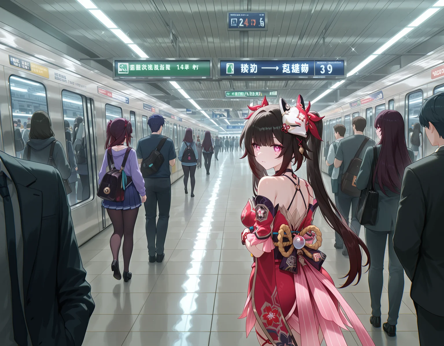 <lora:midis_LargeRoom_V0.5[IL]:1> , largeroom, subway station, sparkle \(honkai: star rail\), looking back, crowd, masterpiece,best quality, very aesthetic,absurdres,newest,