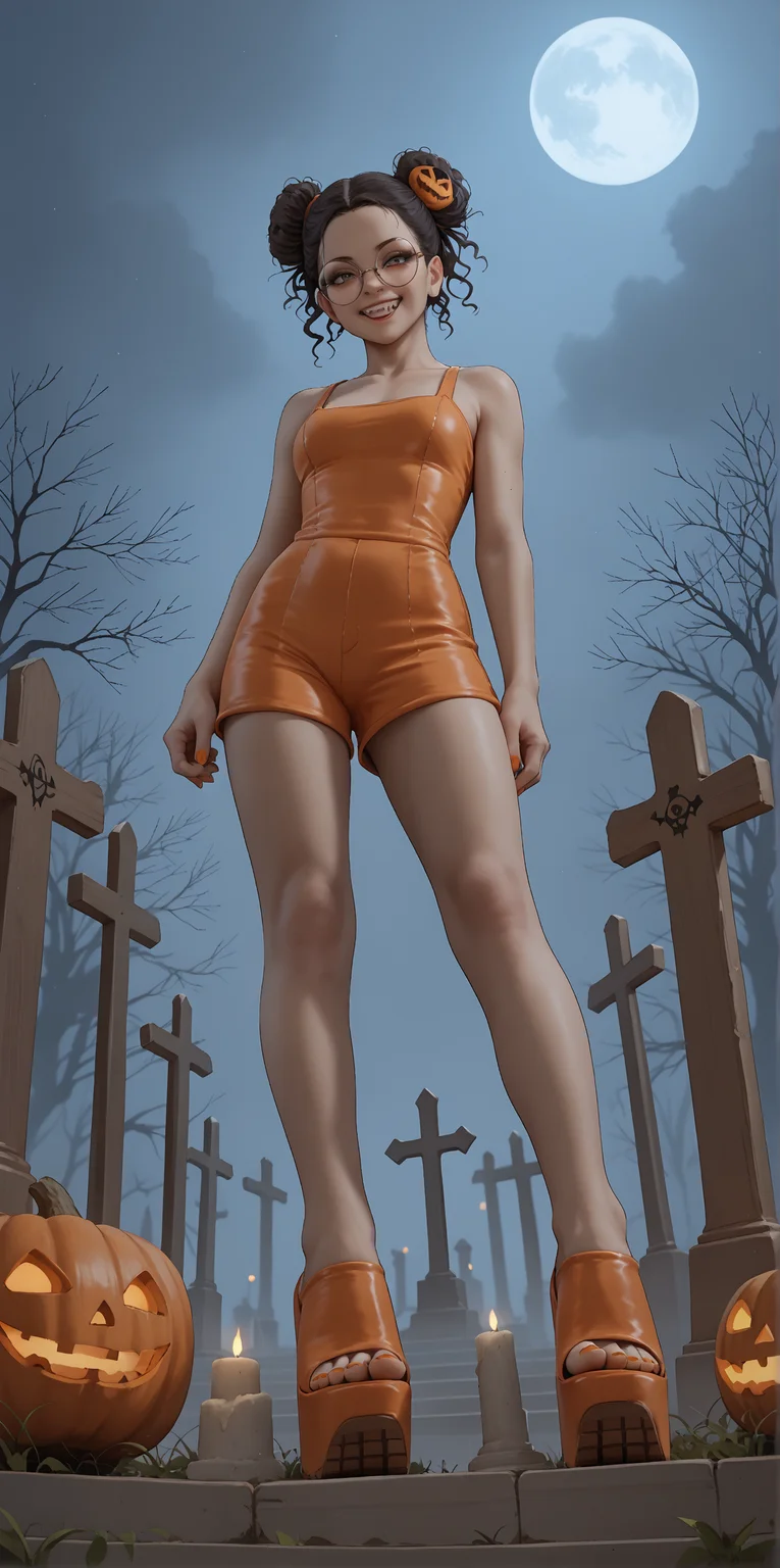 score_9, score_8_up, score_7_up, score_6_up, realistic,
wide angle, standing, low angle, foot focus, from side,
standing,
1girl, dark skin, goth, curly hair buns, round glasses, hair ornament, evil smile, fangs,
ï»¿(mega wedge heels:1.2), platform footwear,
orange romper, skintight clothing,
halloween scene, fog, cemetery, night,
orange toenail polish,
embedding:zPDXLrl ,
embedding:zPDXL2 ,