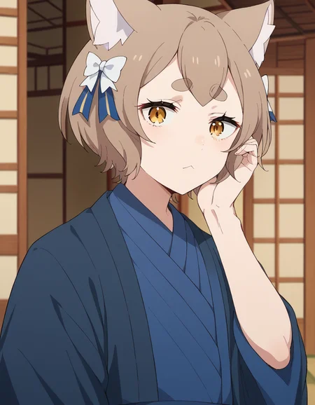 score_9, score_8_up, score_7_up, source_anime, <lora:felix-argyle-s3-p1-ponyxl-lora-nochekaiser:1>, felix argyle, short hair, bangs, brown hair, bow, animal ears, hair bow, male focus, cat ears, eyelashes, bob cut, thick eyebrows, white bow, otoko no ko,, japanese clothes, kimono, blue kimono, bowling alley, lanes, pins, balls, fun, , <lora:tucking-hair-ponyxl-lora-nochekaiser:1>, tucking hair, adjusting hair, hand on own hair, hair behind ear,, looking at viewer, solo,, dutch angle, cowboy shot
