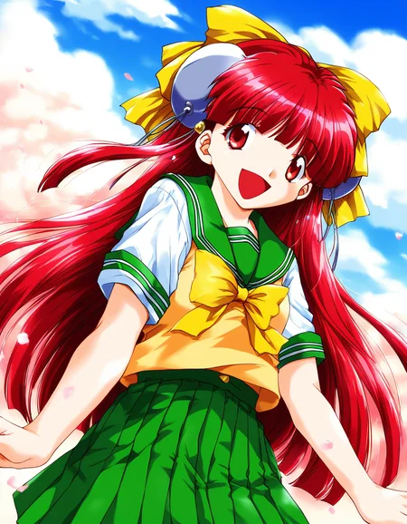 score_9, score_8_up, score_7_up, source_anime, rating_explicit, BREAK <lora:Nanako_RISE_XL:1>ãNanako_RISE, long hair, red hair, red eyes, bangs, hair bow, headgear, yellow bow, solo,
Yellow school uniform, smile, open mouth, bow, hat, green skirt, Yellow short sleeves, sailor collar,
outdoor, sky, school,