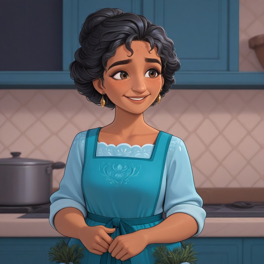 Julieta,1girl,tanned skin,curly black hair tied in a bun,hazel eyes,blue dress with a blue kitchen apron, gold earrings
Julieta smiling, half body
