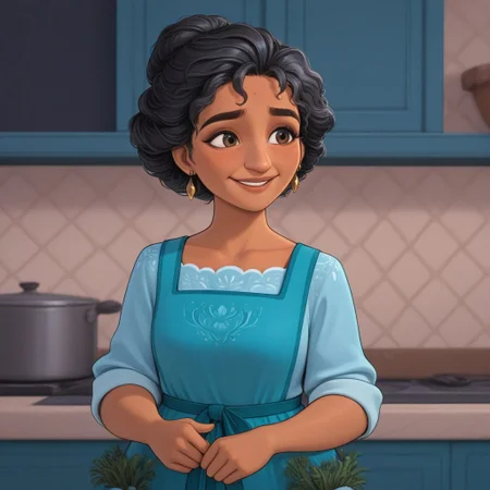 Julieta,1girl,tanned skin,curly black hair tied in a bun,hazel eyes,blue dress with a blue kitchen apron, gold earrings
Julieta smiling, half body