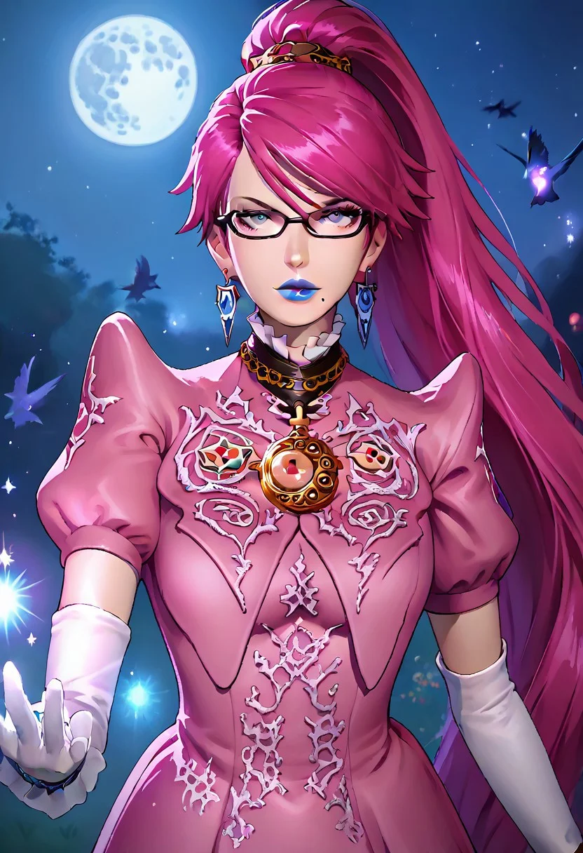 upper body, half body, ((crown, dress, gem, gloves, pink dress, puffy short sleeves, puffy sleeves, short sleeves, white glove)), BayonettaSDXL, Bayonetta2, 1girl, solo, focus, magic, dark shadows magic, long hair, looking at viewer, absurdly long hair, ponytail, Floor length air gray eyes, pink hair, blue lipstick, gloves, jewelry, very long hair, tall girl, earrings, parted lips, glasses, elbow gloves, white gloves, mole, lips, bodysuit, makeup, night, moon, lipstick, mole under, r mouth, full moon, amulet, bayonetta, cowboy shot,, crowmancer, crow flock, drawing dark magic circles with shadows, bold, striking, cowboy shot, easynegative, flat color, dark theme, g4n1m3, shadow magic, arkane_dark, night, night lights, dynamic pose, dynamic angle, Vintage BREAK score_9, score_8_up, score_7_up, score_6_up, source_anime,