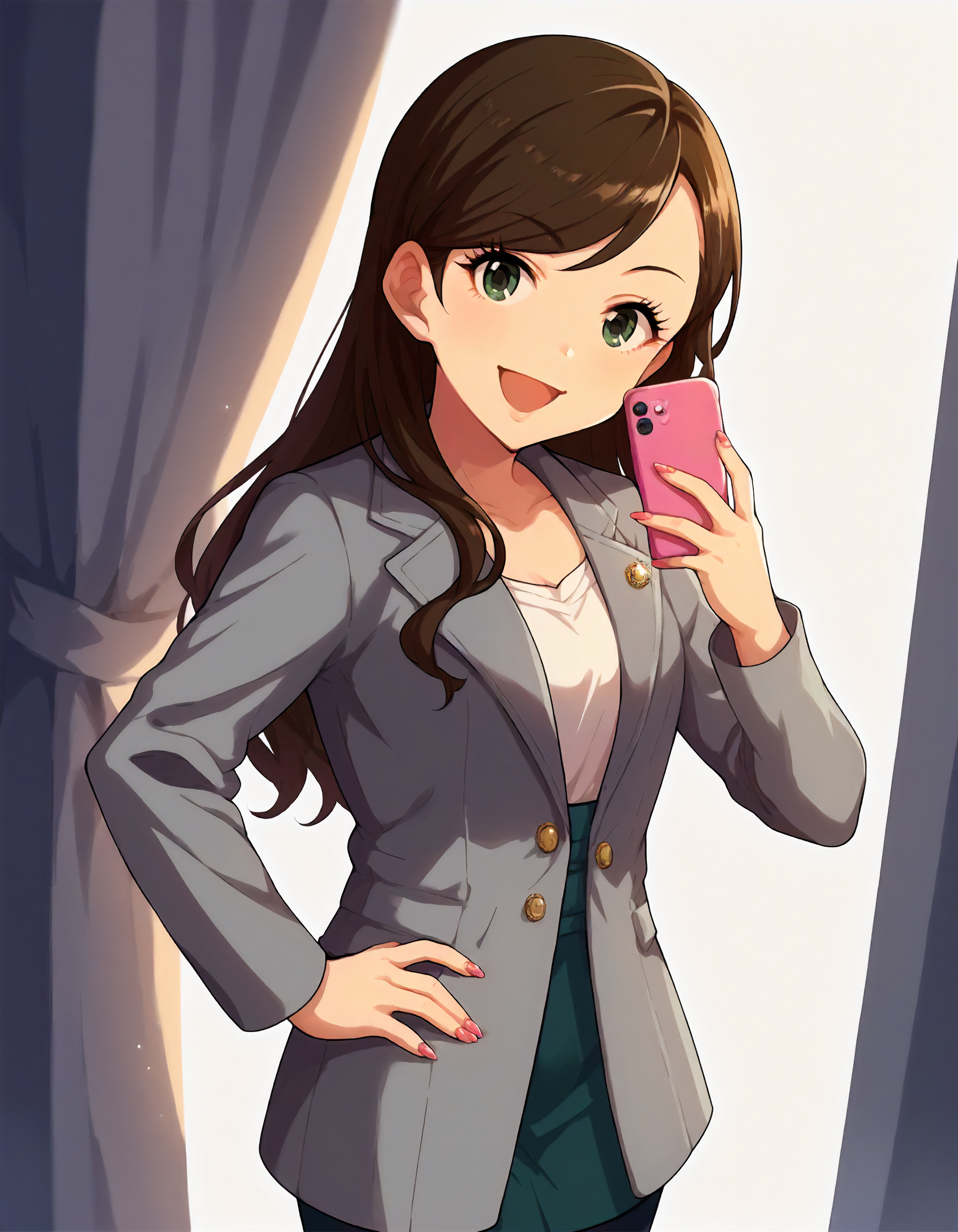 score_9,score_8_up,score_7_up,1girl,solo,cowboy shot,looking at viewer,smile,open mouth,hand on hip,
<lora:etoumisaki_ponyXLV6:0.8>,cgem,brown hair,long hair,green eyes,
grey jacket,nail polish,cellphone