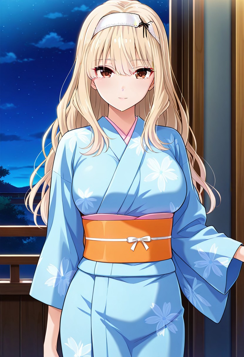 absurdres, best quality, masterpiece, amazing quality, highres, newest, detailed, source anime, anime coloring, beautiful, indoors, japan festival, night,
BREAK
1girl, solo, standing, KijHyou, brown eyes, blonde hair, long hair, white hairband, wavy hair, light smile, light blush, looking at viewer,
BREAK 
Adapted costume, kimono