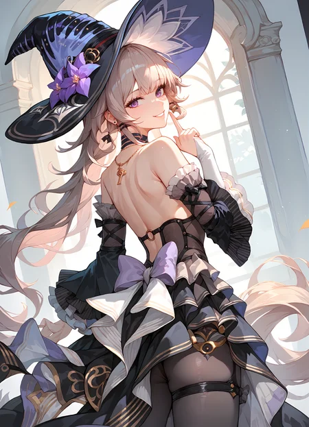 (score_9, score_8_up, score_7_up), 1girl, the herta, witch hat, black choker, necklace, detached sleeves, black pantyhose, from behind, looking back, index finger raised, finger to mouth, smile, <lora:herta-strPO-v1A:0.9>