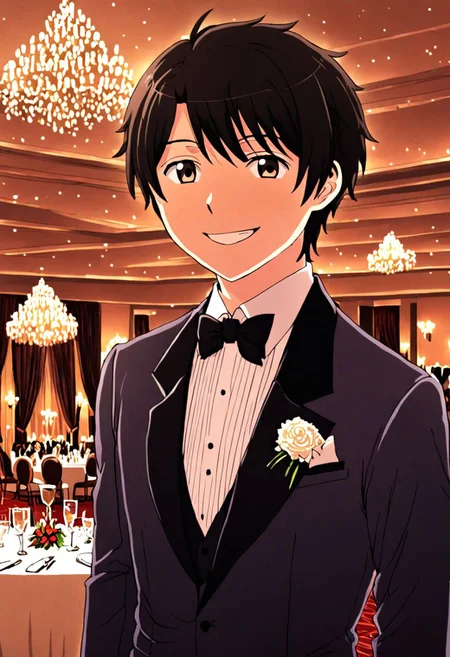 high resolution, solo, best quality, 1Boy, Inaho Kaizuka, Black Hair, luxury hotel, Ballroom, tuxedo, smile, confident, OverallDetail