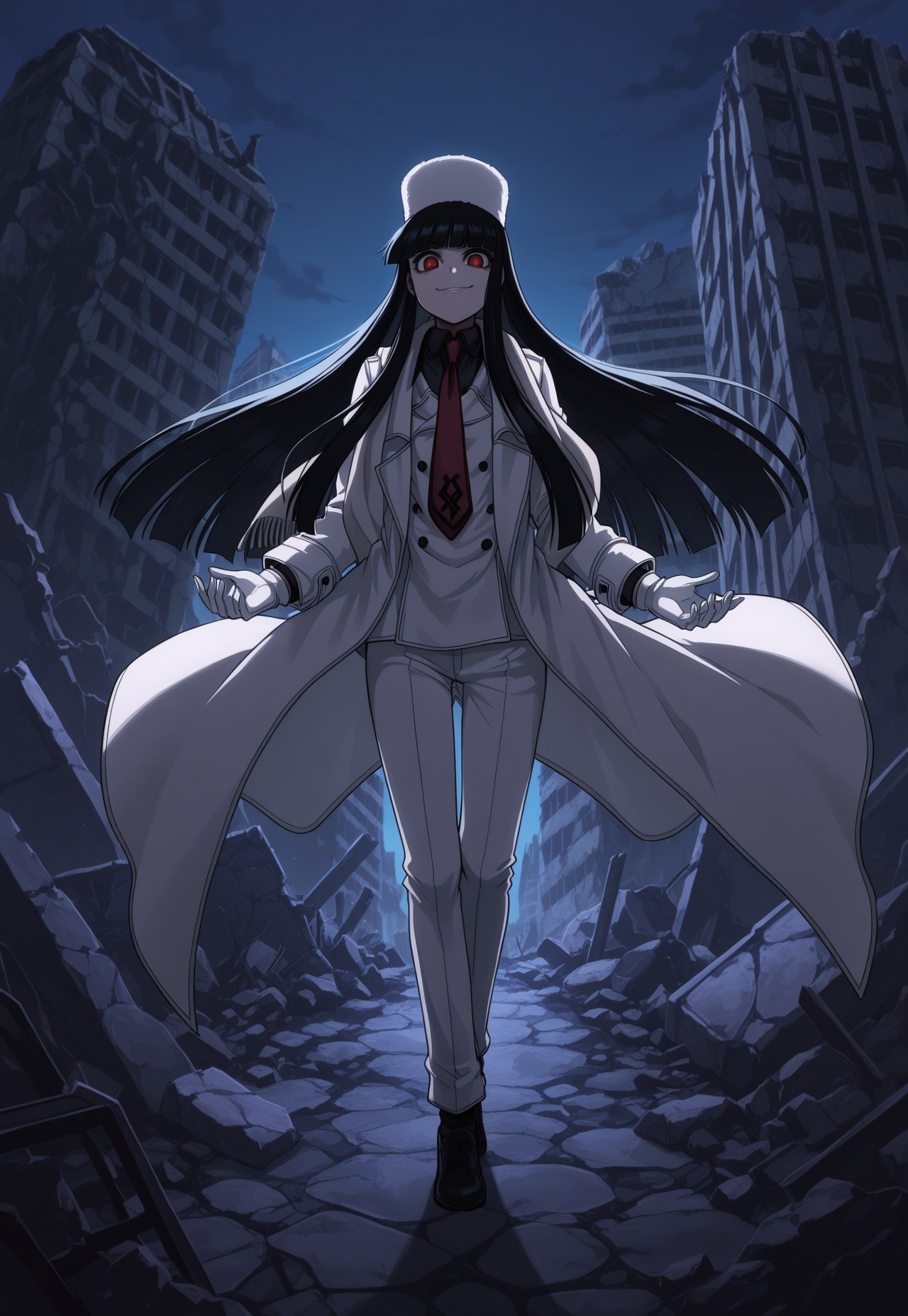 safe_pos, score_9, score_8_up, score_7_up, masterpiece, best quality, Girlycard, solo, 1girl, female focus, black hair, long hair, hime cut, blunt bangs, red eyes, fur hat, white jacket, black shirt, red necktie, white coat, white scarf, white gloves, white pants, black shoes, crazy eyes, smirk, ruins, night, dynamic pose, perspective 