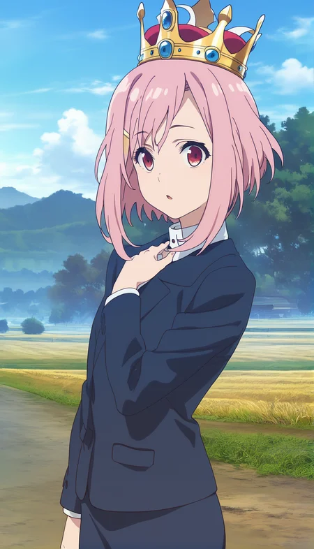 score_9,score_8_up,score_7_up,
<lora:yoshinokoharu:0.9>,
yoshinokoharu,animated,
1girl,solo,
pink hair,short hair,bangs,
red eyes,looking at viewer,parted lips,
blue blazer,white collar shirt,blue pencil skirt,crown,
upper body,
outdoors,morning,summer,countryside,village in background,rolling hills,tree,road,fields,blue sky,cloud,bloom,