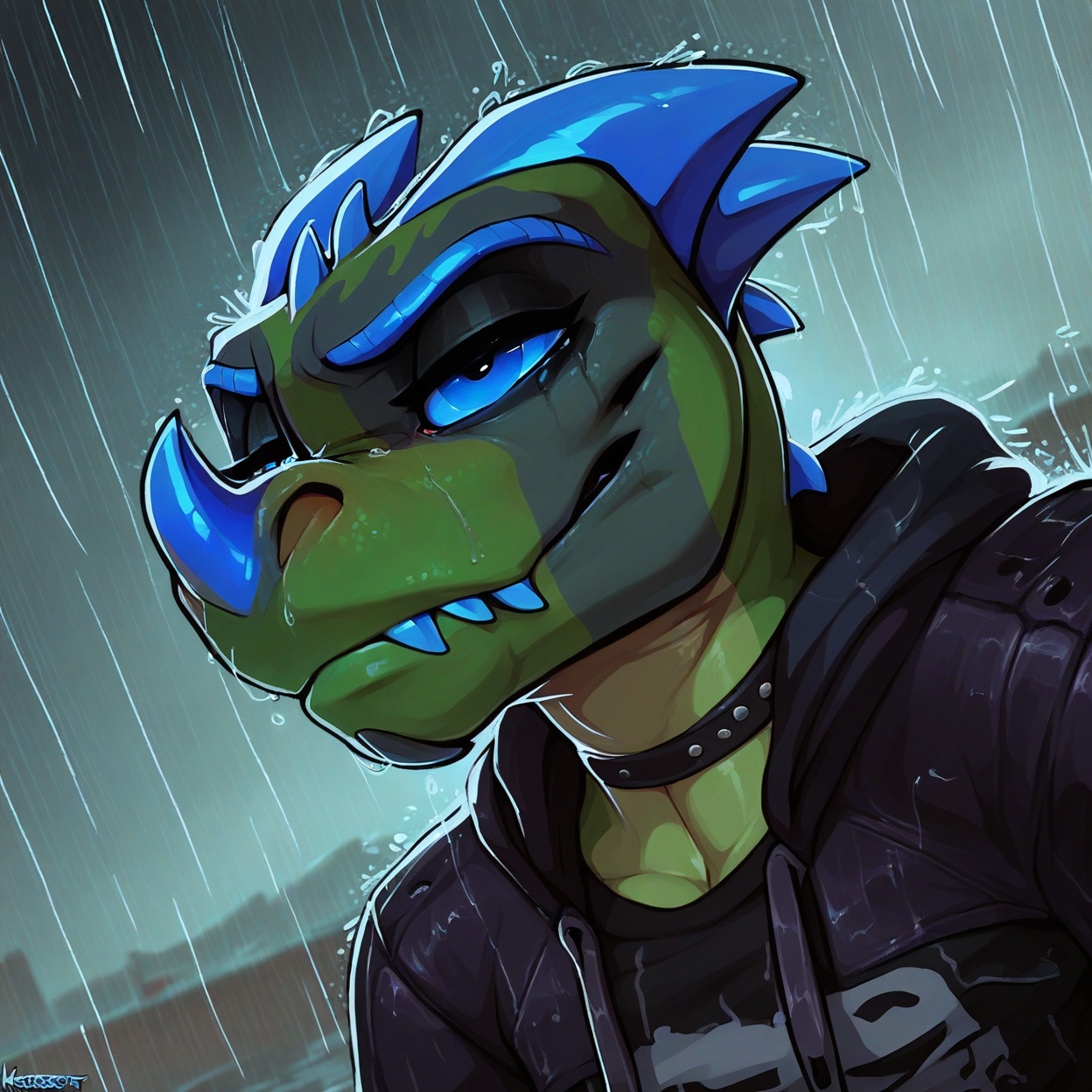 <lora:kabsraptorxl:0.9>,  source_furry, solo, vergence (kabscorner), raptor, lizard, face closeup, beautiful, portrait,  female, sexy, hoodie, hood up, cowl, flat chest, curvy, wet, sweat, bedroom eyes, moan, glistening, scales, seductive, flirtatious, realistic detailed skin, portrait, upper body, dynamic pose, dutch angle, (green skin, green body), face focus, mouth focus, blue eyes, nose horn, blue horns, fangs, dark depressing road background, rain, sad, emo
score_9, score_8_up, score_7_up,  <lora:add-detail-xl:1.4>,  <lora:incase---1:0.6>