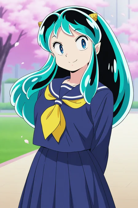 (masterpiece), (best quality), (intricate details, very aesthetic), absurdres, highres, 1girl, <lora:anime_screencap:1>, anime screencap, anime coloring, lum, urusei yatsura, blue serafuku, yellow neckerchief, pleated skirt, looking at viewer, smile, arms behind back, outdoors, cherry blossoms, falling petals, school, cinematic light, cowboy shot,