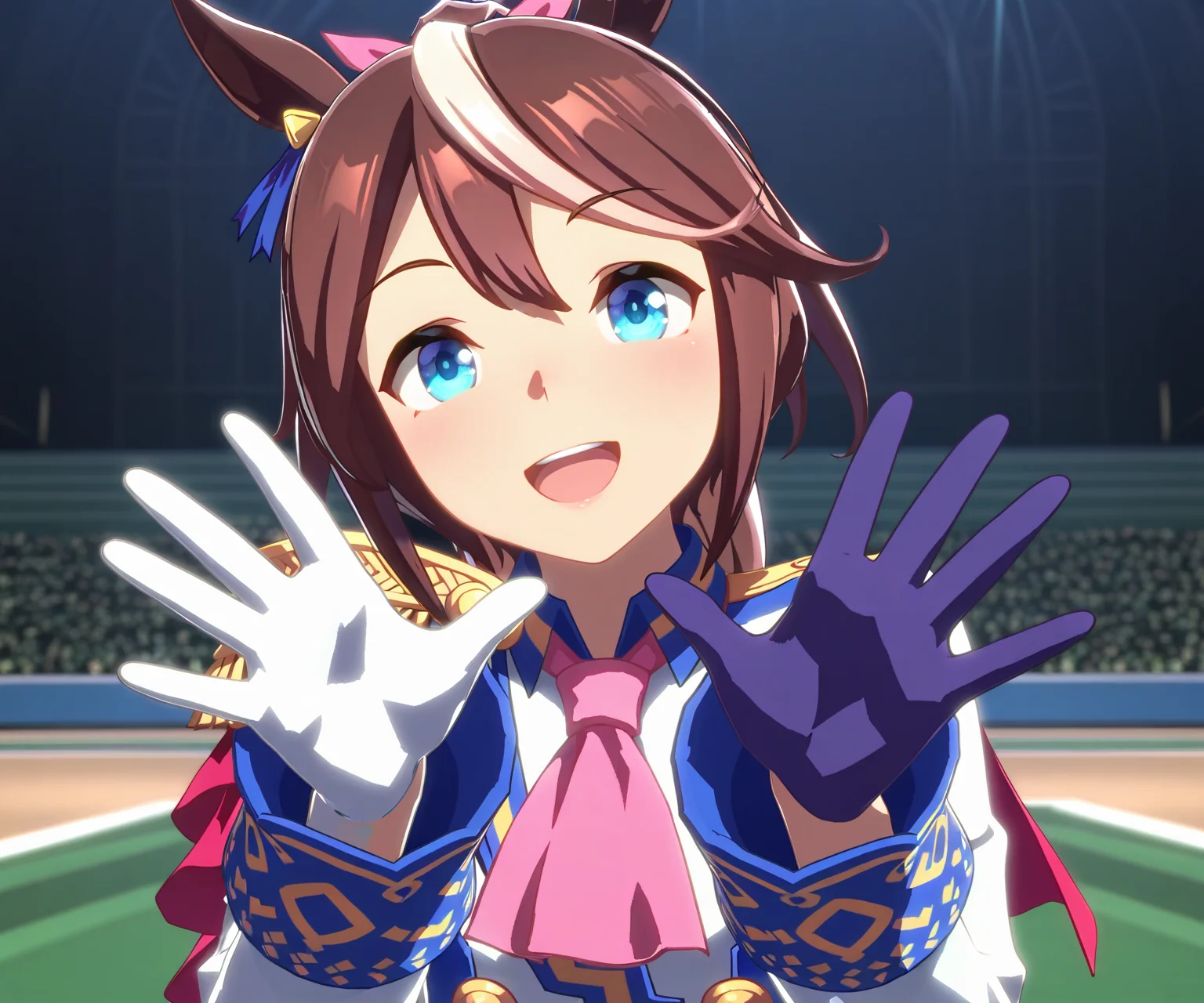 masterpiece, best quality, amazing quality, , 1girl, solo, looking at viewer, <lora:Tokai_Teio_in_game_style_3D_ILL-v2:1> ummsmingame, 3d, tokai teio \(umamusume\), asymmetrical gloves, smile, open mouth,
