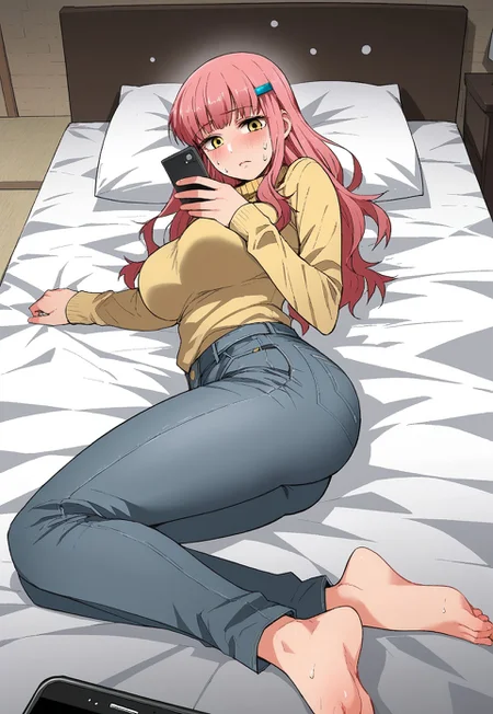 safe_pos, solmi, pink hair, long hair, yellow eyes, large breasts, barefoot, hairpin, sweat, hairpin, lying on the bed, looking at viewer, turtle neck, jean pants, 
long sleeve, grab mobile phone
