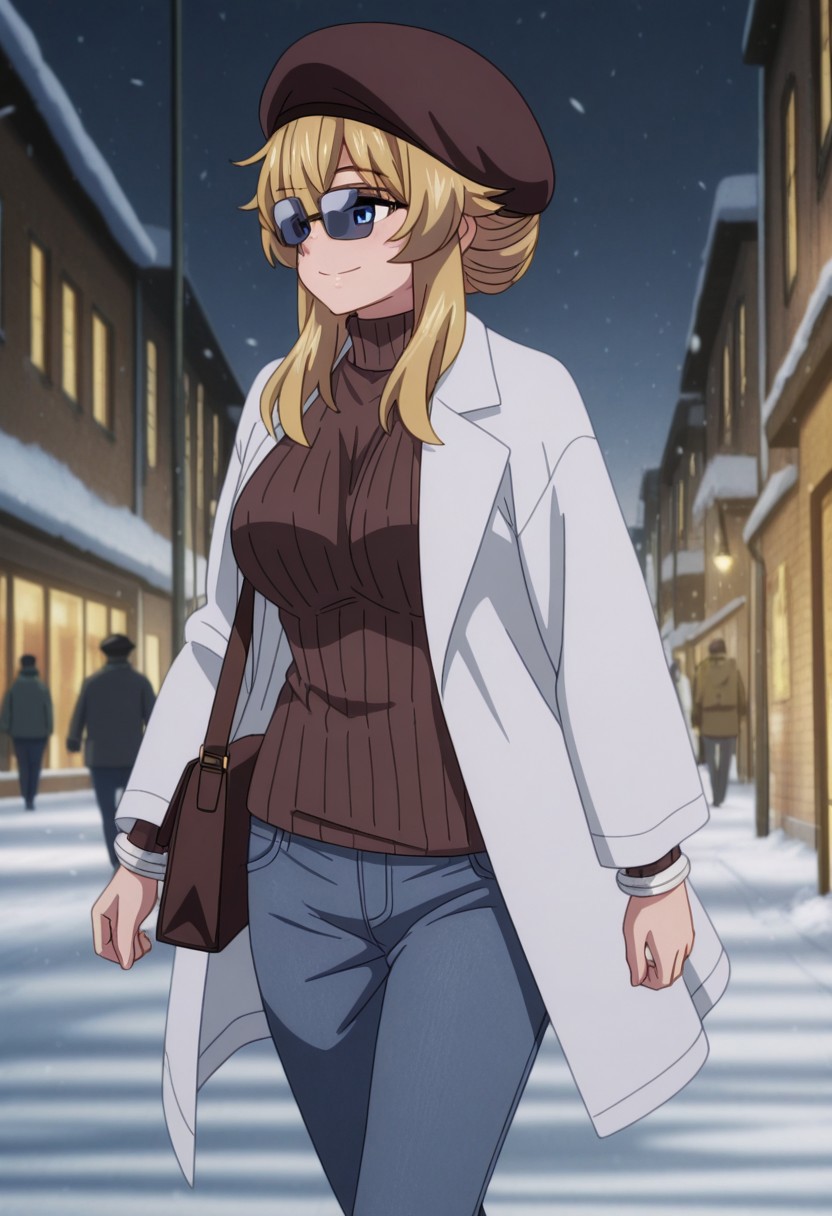 masterpiece,perfect quality,best quality,absolutely eye-catching,absurdres,highres,newest,anime coloring, anime screencap,(1girl,solo),PepeshaCivilian, blonde hair, long hair, blue eyes, large breasts, ribbed sweater, brown sweater, turtleneck sweater, long sleeves, jeans, white jacket, sunglasses, beret, bag, single hair bun, sidelocks, bangs, walking, smile, city, street, snow, sunny, outdoors
