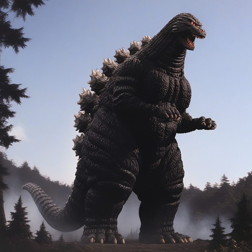 solo,kaijuu,no humans,teeth,sharp teeth,monster,red eyes,glowing eyes,tail, rough skin, claws, open mouth, sky, clear sky, forest, gigantic monster,looking down,realistic,lateral pose