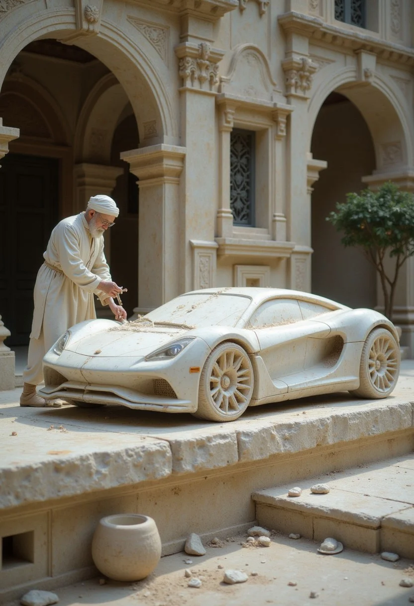 highly detailed and hyper realistic, hyper realistic and highly detailed, ultra intricate details, an antique sculptor carved a car out of marble, a sculptor on the street in his yard, he is surrounded by antique architecture, he is dressed in antique clothes, modern sports car, sculptor carefully working to knock the car out of a block of marble