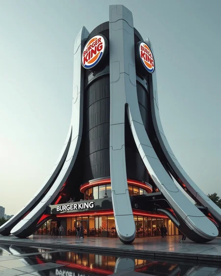 A highly detailed, high-quality image in the style of ckrcc, featuring a futuristic, highly advanced burger king restaurant, colossal scale building