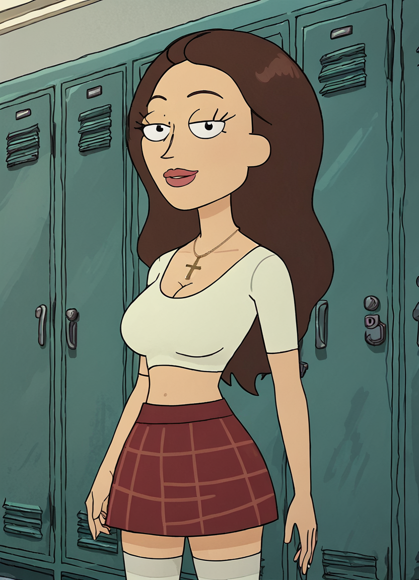 <lora:TriciaLangeRMPony1.0:1>  tricia, 1girl, long hair, lips, solo, brown hair, cross necklace, breasts, thighhighs, skirt, white shirt, midriff, smile, score_9, score_8_up, score_7_up, score_6_up, score_5_up, score_4_up, looking at viewer, cowboy shot, locker,