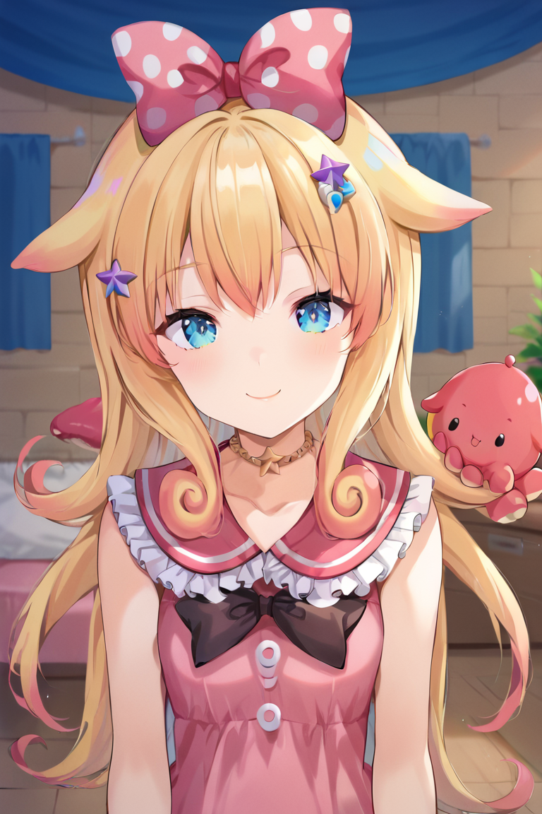 solo, 1girl, female, momo_otako, smile, ((tentacle)), BREAK star hair ornament, hair bow, polka dot bow, pink dress, frilled dress, sleeveless dress, sailor collar, frills, white socks, shoes, Choker, bracelet, jewelry,  BREAK indoors, bedroom, colorful, looking at viewer, portrait, BREAK ((ultra-detailed)), ((best quality)), ((best quality)), ((beautiful eyes)), ((extremely detailed)), 4K, (8K), best quality, (beautiful), Master piece, highres, score_9, score_8_up, score_7_up, score_6_up, score_5_up, score_4_up, colorful, best quality, official art, highres, masterpiece, nai3, god light, detailed background, high quality background, <lora:add_details_xl:1> <lora:Momo_Otako_V-Tuber:1>