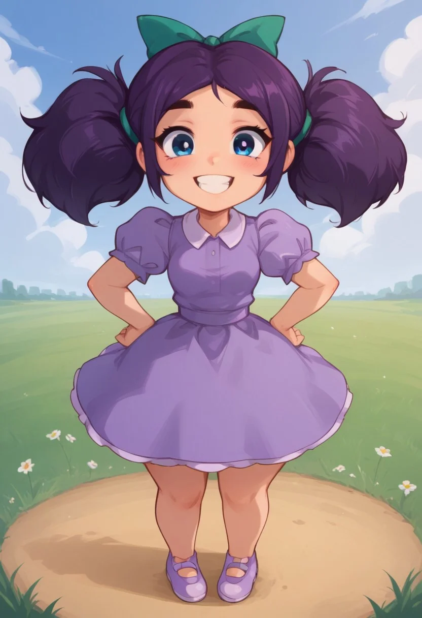 Score_9_up, score_8_up, score_7_up, (detailed face and eyes:1), Expressiveh, source_cartoon, dop style, looking at viewer, 1girl, small body, Short stature, chibi, thick thighs, narrow waist, small breasts, big ass, huge ass, standing, perfect teeth, smile, open eyes, perfect eyes, head on, dressed, fully clothed, full body, hands on hips, 5 fingers
BREAK: in a farm, blue sky, Sunny, clouds, grass
BREAK: 1 girl, solo, jas_stardew, purple hair, hairbow, twintails, blue eyes, purple dress