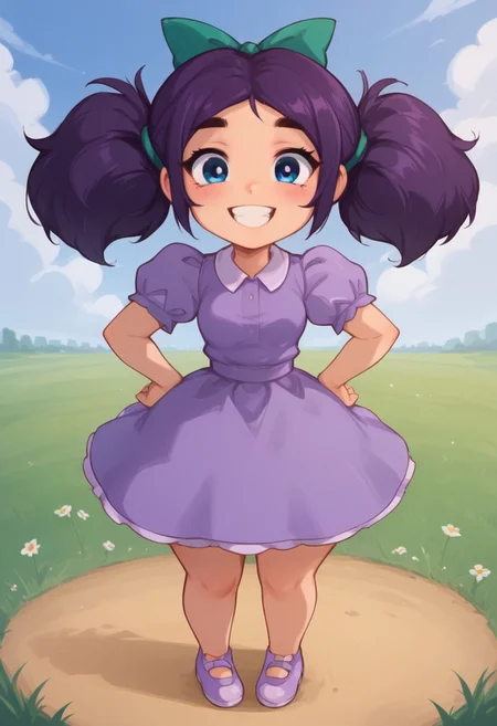 Score_9_up, score_8_up, score_7_up, (detailed face and eyes:1), Expressiveh, source_cartoon, dop style, looking at viewer, 1girl, small body, Short stature, chibi, thick thighs, narrow waist, small breasts, big ass, huge ass, standing, perfect teeth, smile, open eyes, perfect eyes, head on, dressed, fully clothed, full body, hands on hips, 5 fingers
BREAK: in a farm, blue sky, Sunny, clouds, grass
BREAK: 1 girl, solo, jas_stardew, purple hair, hairbow, twintails, blue eyes, purple dress