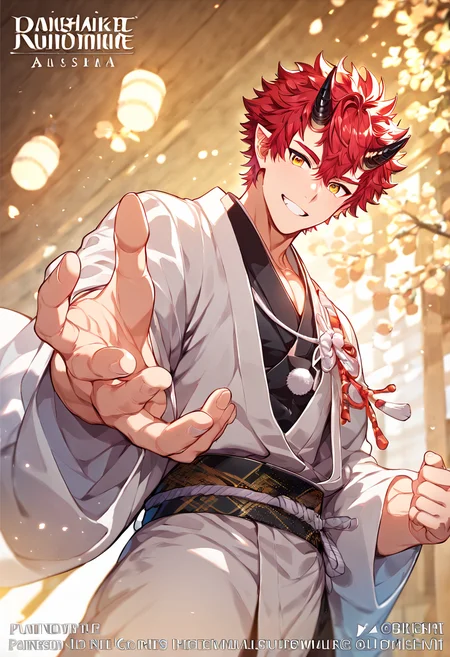<lora:Expressive_H:1>,Red hair,horns,<lora:ShutenParadiso_Guardian:1>,from_below,foreshortening,muscular male,uchikake,kimono,, 1boy, male focus, character name, series name,best quality, amazing quality, best aesthetic, absurdres,score_9,score_8_up,score_7_up,