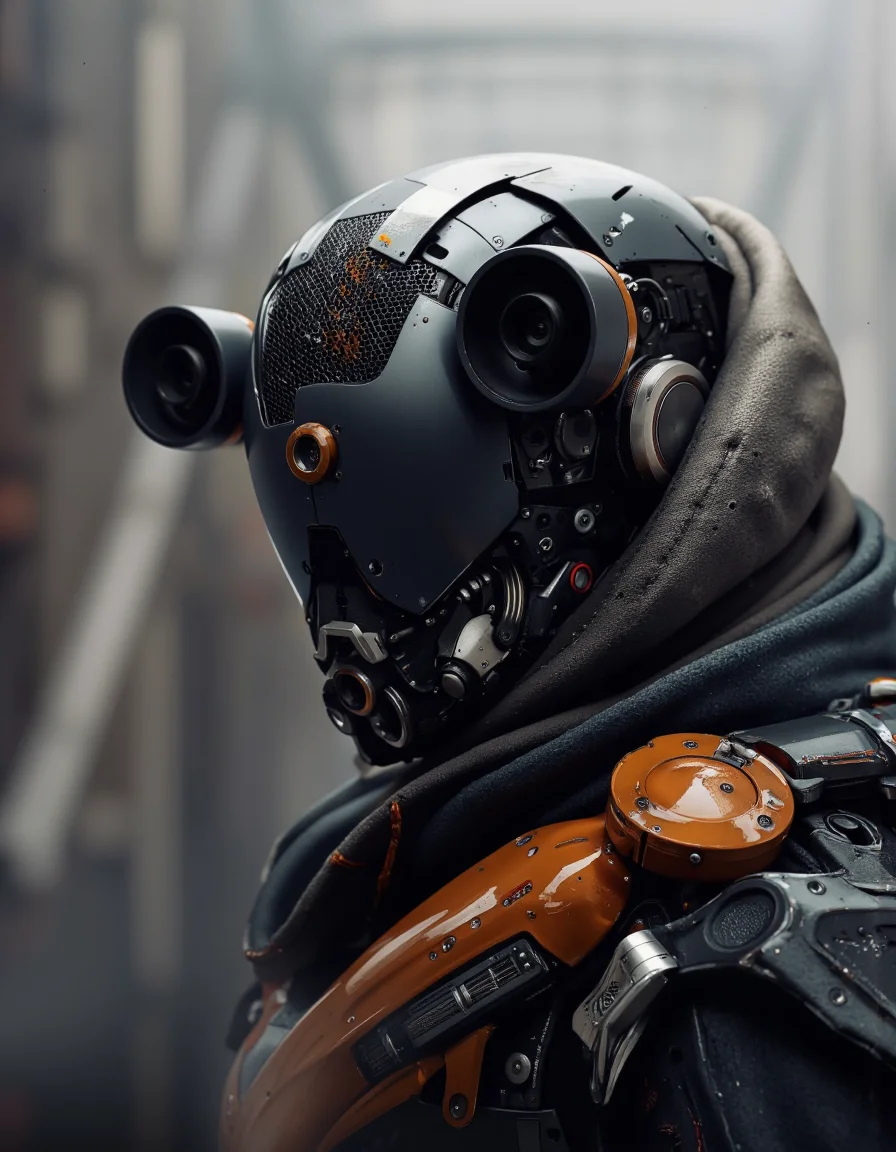 Daniel Hahn art. A photo-realistic shoot from a close-up camera angle about a futuristic humanoid robot with a sleek, black and orange design. the robot is positioned in the middle of the image, facing the viewer with its upper body visible. it has a large, angular head with a visor that covers the entire face, and its body is covered in a dark, textured fabric with orange accents. the armor is detailed with various mechanical components, including two large, circular cameras mounted on the sides of its head, and a control panel on the right side. the background is blurred, with a soft, industrial setting and a misty atmosphere, giving the image a sense of depth and dimensionality.