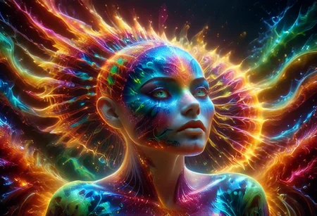 a full body fire entity girl with multicolored flames, purple and blue lights, green and blue flames, pink energy electric eyes, professional photography of an fantastical creature, young woman, shaved head Finely detailed, in a solarpunk environment, looking at viewer, solo, headwear removed, realistic, night blue sky, own hands, spooky makeup, entirely made of stars and galaxies, cyber light trails with whimsical elements, swirling magic, eerie fairytale landscape, elaborate fantasy style art, very colorful, intricate details, ultra sharp, exquisite detail, flawless composition, vivid colors, masterpiece, exciting background, psychedelicai, made out of,colorful,liquid,Murano Art Glass, GlowingInk, mad-glowtiedye, glowneon, glowing, sparks, lightning