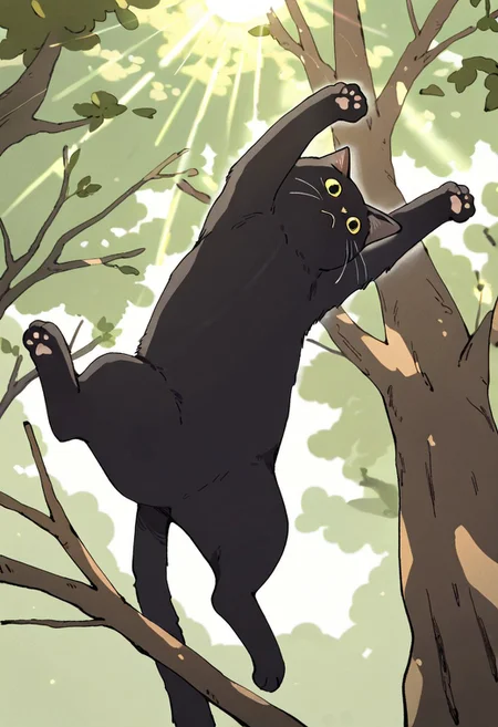 (masterpiece, best quality, high quality, highres), very awa, highres, absurdres,
chii-kun \(seedyoulater\), (naguru \(cyoroama\):0.8),
(cat:1.2), black cat, (no humans:1.1), paws, fur, (cute:1.2), comfy, solo,
scared, stretching, OO,
tree branches, day, sunlight, sun rays, beautiful background,