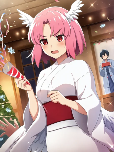 higurashimei, 1girl, breasts, blush, open mouth, short hair, long sleeves, red eyes, holding, animal ears, pink hair, wings, japanese clothes, solo focus, indoors, wide sleeves, kimono, sweatdrop, parted bangs, v-shaped eyebrows, sash, sparkle, dutch angle, umbrella, obi, head wings, 1other, feathered wings, christmas, white kimono, bird wings, confetti, snowflakes, christmas tree, wreath, christmas lights, party popper, streamers, tamurahime no mikoto, 
(masterpiece, best quality, absurdres, highres, newest:1.2), very awa, 