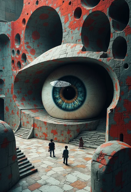 A masterpiece of (sci-fi zen) style created by the collaboration of M.C. Escher and Francisco Goya. HD32K, hyperdetailed, best quality, aidmaMJ6.1.